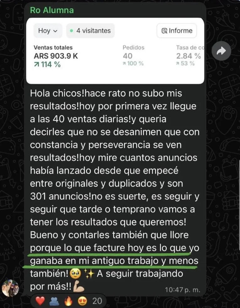 Captura del mensaje de Ro, alumna: llegó por primera vez a 40 ventas diarias, con 903,9 mil pesos en ventas totales, y cuenta que ya factura más de lo que ganaba en su antiguo trabajo.