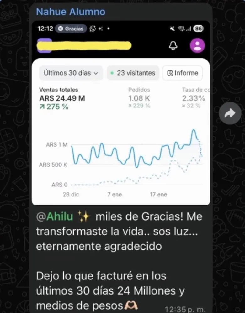 Captura del mensaje de Nahue, alumno: 24,49 millones de pesos facturados en los últimos 30 días con más de 1.000 pedidos.