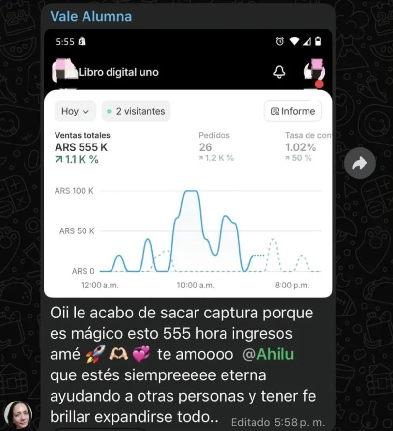 Captura del mensaje de Vale, alumna: 555 mil pesos en ventas totales del día con 26 pedidos en su tienda de libros digitales.