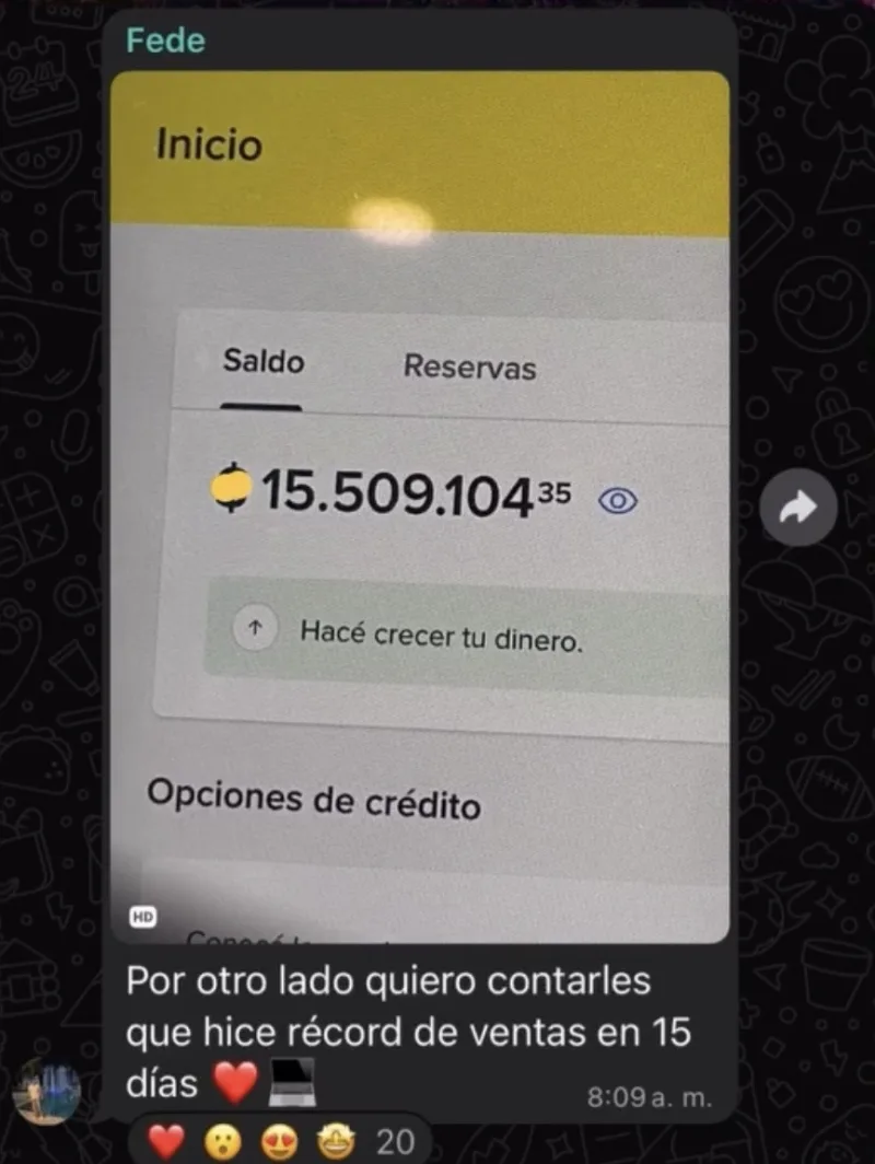 Captura del mensaje de Fede, alumno: saldo de 15.509.104 pesos en su cuenta tras hacer récord de ventas en 15 días.