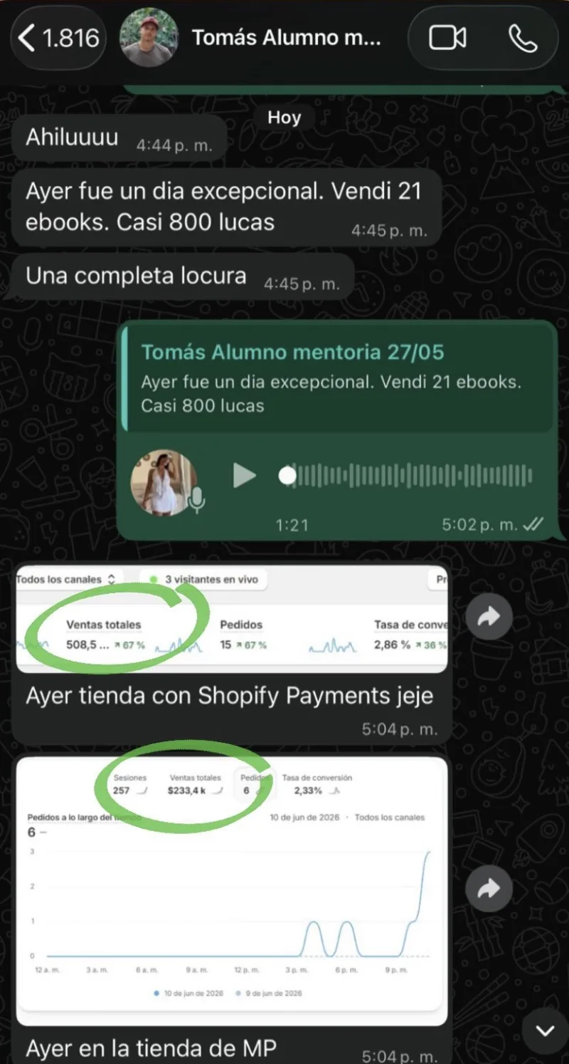 Captura del chat de Tomás, alumno: vendió 21 ebooks en un solo día, casi 800 mil pesos, con las capturas de ventas de sus dos tiendas.